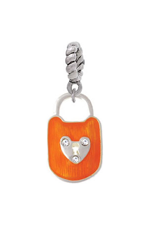 Hot Orange Enamel Lock with Clear Crystals - Rope Charm Bead