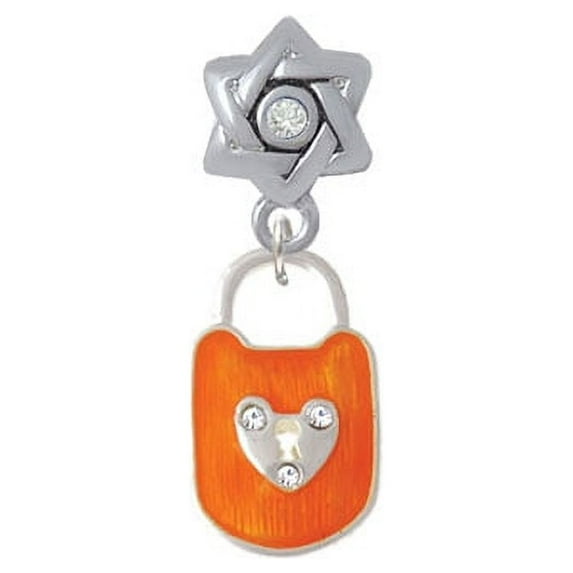 Hot Orange Enamel Lock with Clear Crystals - Star of David with Clear Crystal Charm Bead