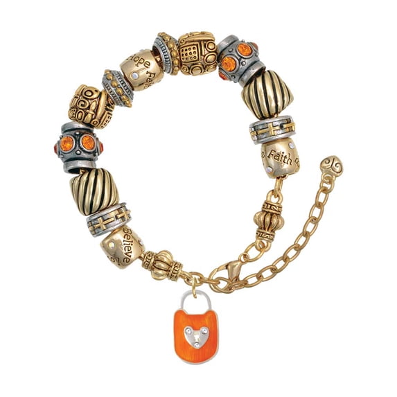 Hot Orange Enamel Lock with Clear Crystals Two Tone Christian Bead Bracelet