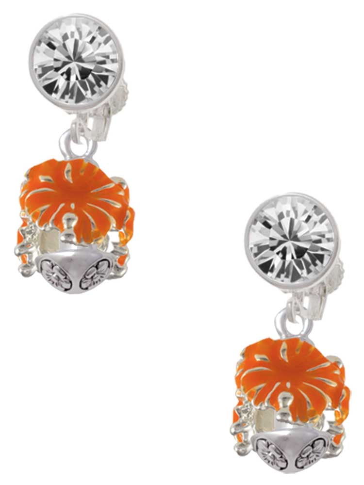 Hot Orange Hibiscus Flowers Spinner Clear Crystal Clip On Earrings