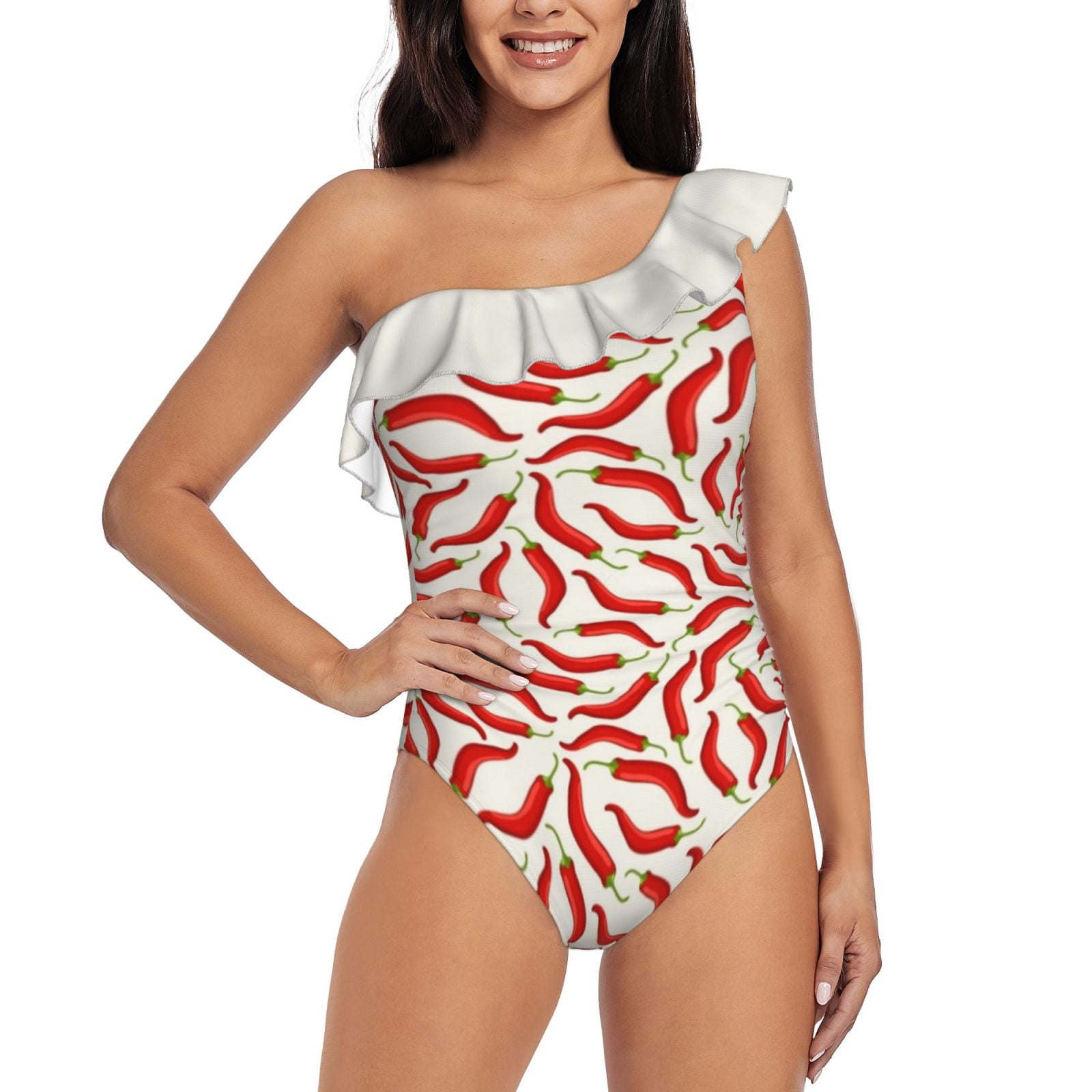 Hot Pepper Pattern With White Background Ruffled OnePiece Swimsuit