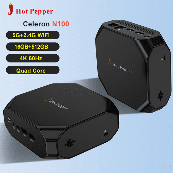 Hot Pepper RM10 Mini PC N100 8GB DDR4 RAM + 256GB SSD ROM 5G + 2.4G Wifi Wireless 5.1 4K 60Hz M.2 2280 Pcle3.0X4 Slot Mini Computer