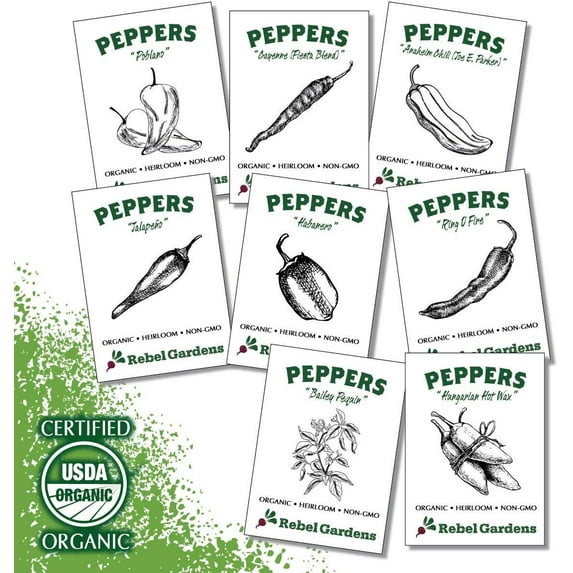 Hot Pepper Seeds - Organic Heirloom Chili Seed Variety Pack for Planting - Cayenne, Jalapeno, Habanero, Poblano, and More