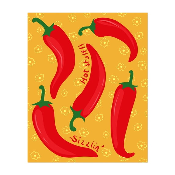 Hot Peppers - Illustration Kitchen Decor Pattern Pop Art Humor Modern Art Typography Unframed Wall Art Print 11 x 14 inches