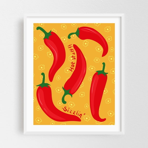 Hot Peppers - Illustration Kitchen Decor Pattern Pop Art Humor Modern Art Typography White Framed Wall Art Print 16 x 20 inches