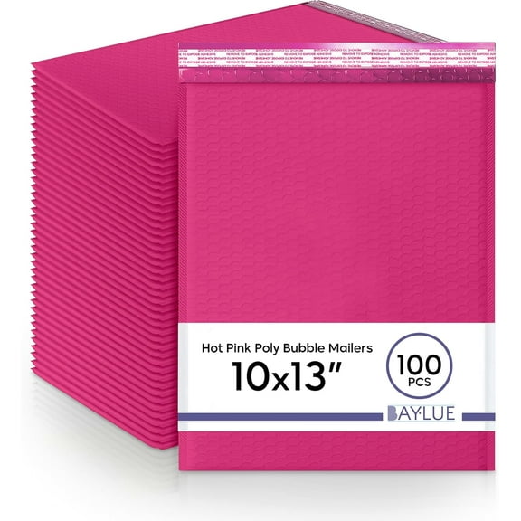 Hot Pink 10x13 Inch Poly Bubble Mailers |Self Seal Padded Envelopes for Thick books | Air Cushioned Bubble Mailer | Usable Size 9.5x13 | Waterproof Lightweight Mailing Shipping Bags | 100 Pack Bulk