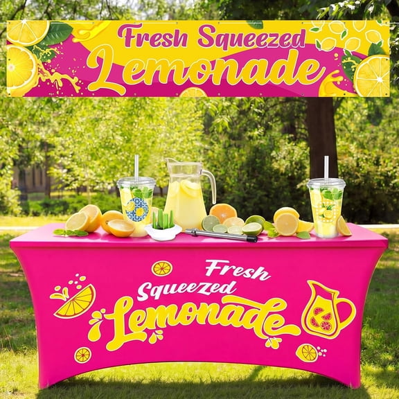 Hot Pink 6 ft Lemonade Stand Tablecloth Stretch Spandex Table Cover and 2 x 10 ft Lemonade Sign Vinyl Banner Fresh Squeezed Lemon Stand Supplies Lemon Flag Party Table Cloths (Classical)