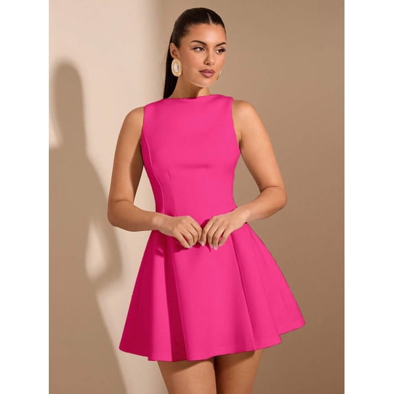 Hot Pink A-Line Sleeveless Fitted Waist Elegant Mini Dress For Women