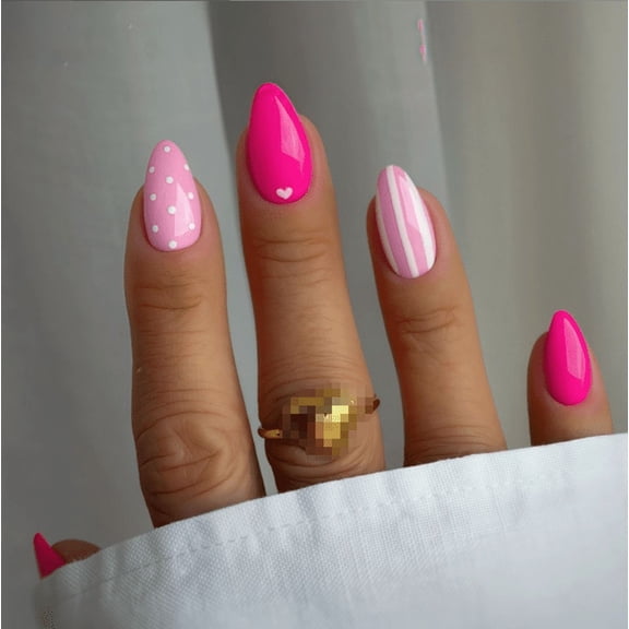 Hot Pink Almond Press On Nails, Polka Dots Stripes & Mini Heart Design Glossy Fake Nails for Daily Beach Party | Buy 2 Get 1 Free
