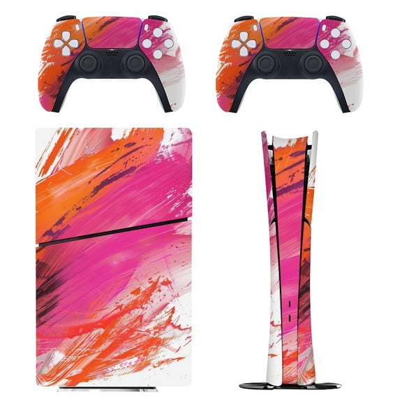Hot Pink And Orange, Brush Strokes Console Skin Bundle for PS5 Pro Slim Disc & Digital / PS4 – Full Wrap + Dual Controller Flair