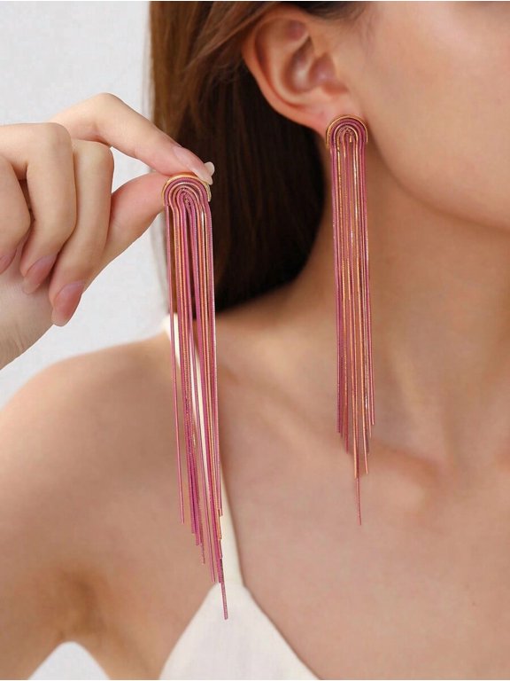 Hot Pink Arc-Top Chain Tassel Dangle Earrings, Copper Base, 1 Pair