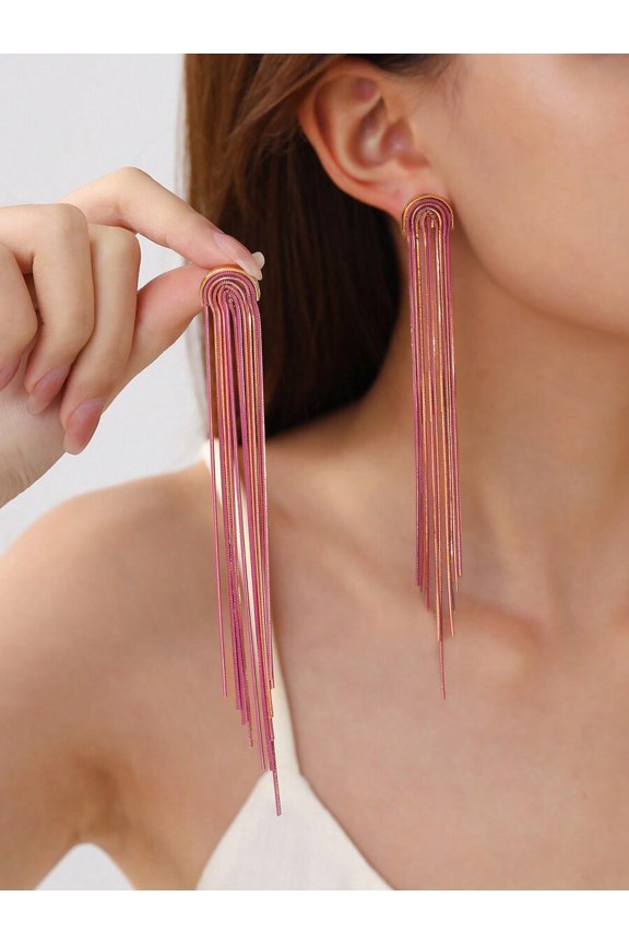 Hot Pink Arc-Top Chain Tassel Dangle Earrings, Copper Base, 1 Pair