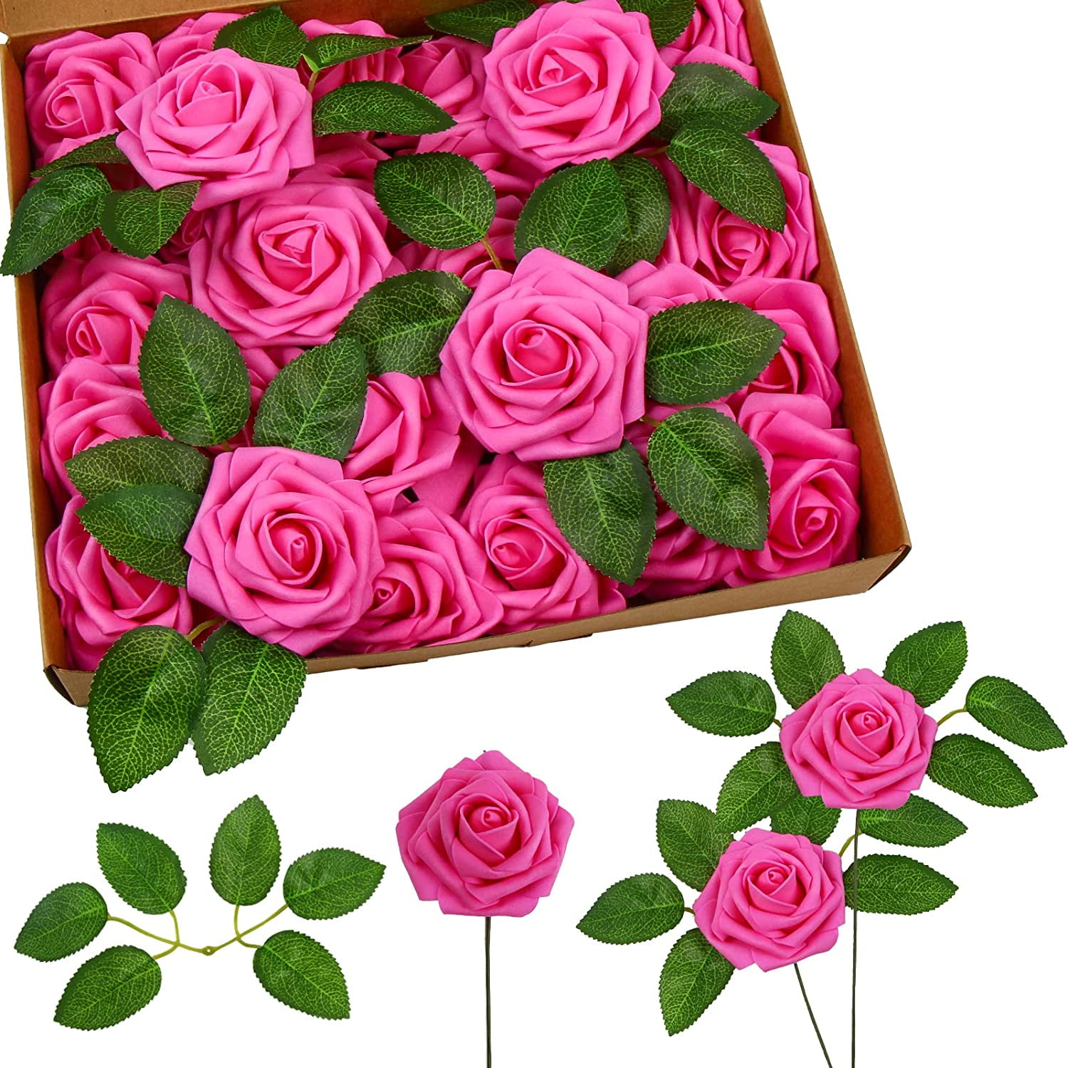Hot Pink Artificial Flowers,25Pcs Fake Flowers with Stem in Bulk for
