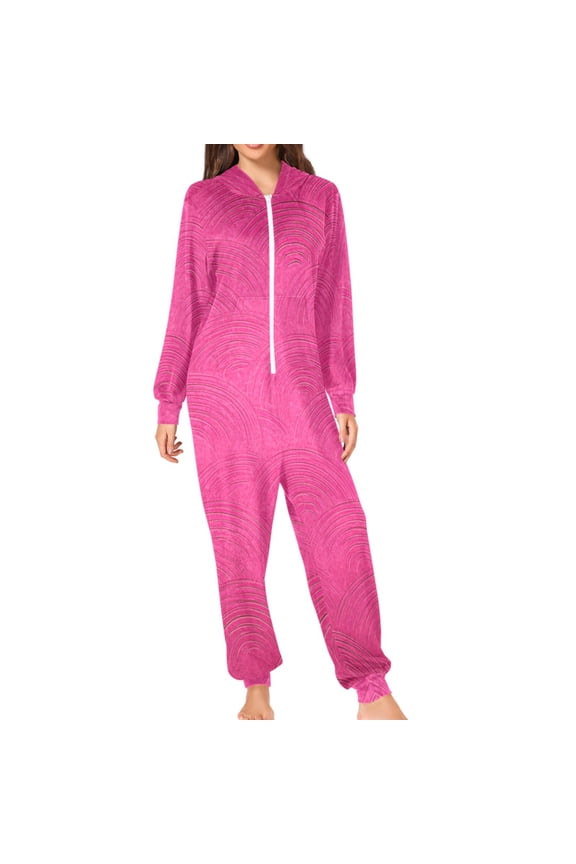 Hot Pink Background with Waves Adult's Hoodie Onesie Jumpsuit One-Piece Pajamas with Zipper Unisex for Holiday M