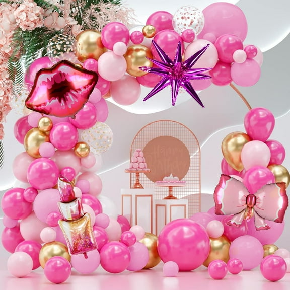 Hot Pink Balloons Garland Arch Kit, Hot Pink Party Decorations with Lipstick Kiss Bow Balloons for Girls Pink Party Princess Birthday Party Decorations, Baby Bridal Anniversary Doll Theme Party