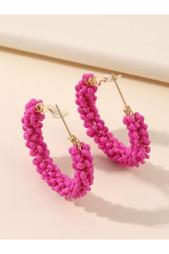 Hot Pink Beaded Hoop Earrings With Gold-Tone Lever-Back Closure