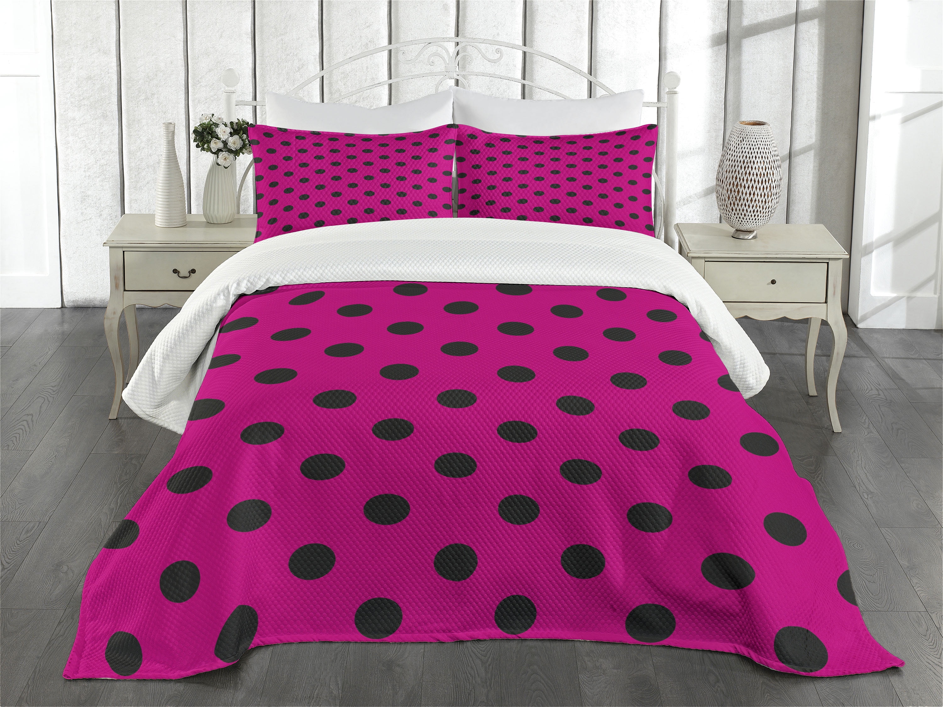 Hot Pink Bedspread Set King Size, Pop Art Inspired Design Retro Pattern