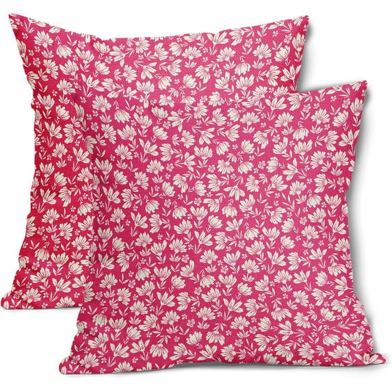 Hot Pink Beige Daisy Floral Pillow Covers 16X16 Inch Vintage Flowers Decorative Pillow Cases Set of 2 Preppy Block Print Cotton Linen Throw Pillows Farmhouse Decor For Couch Porch Cushion Outdoor