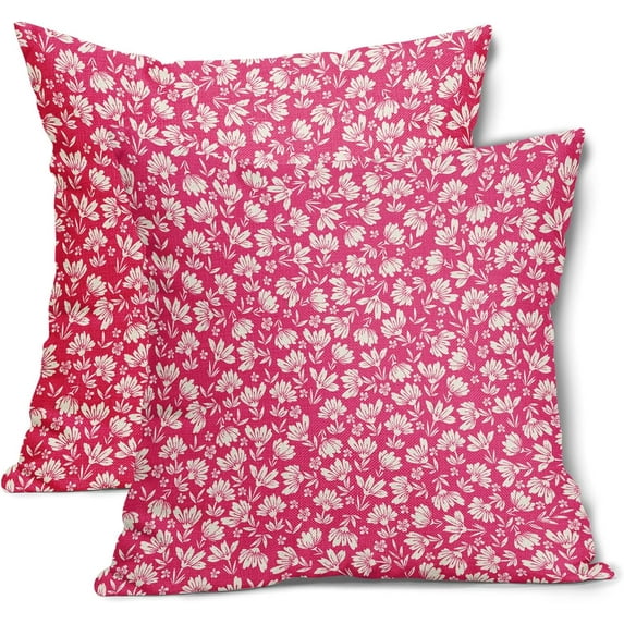 Hot Pink Beige Daisy Floral Pillow Covers 20X20 Inch Vintage Flowers Decorative Pillow Cases Set of 2 Preppy Block Print Linen Throw Pillows Farmhouse Decor For Couch Porch Bed Cushion Outdoor