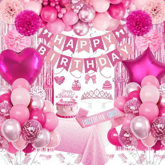 Hot Pink Birthday Decorations with Balloons Happy Birthday Banner Bday Sash Crown Tablecloth Fringe Curtain Hanging Swirl Heart Star Foil Balloons for Girls Bday Decor