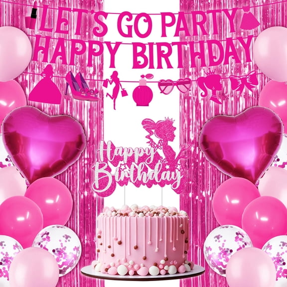 Hot Pink Birthday Decorations Kit - Let's Go Party Happy Birthday  Banner, Cake Topper, Balloons & Fringe Curtain for Girls Women 10th 13th 16th 18th or Any Age HBD Party Supplies Y114