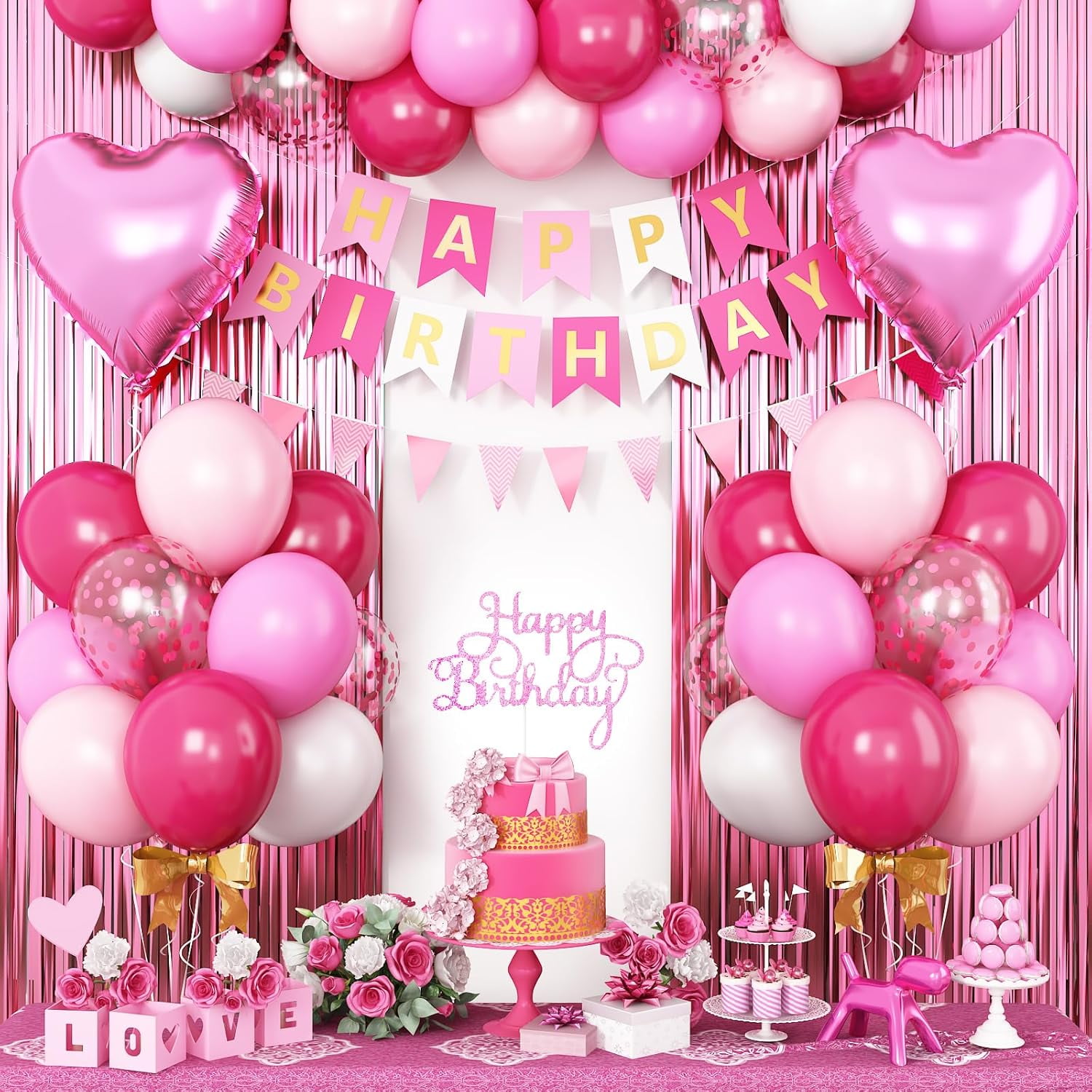 Hot Pink Birthday Decorations for Girls,Happy Birthday Banner Party Decoration Fringe Curtain Heart Foil Balloons for Women Party Decorations
