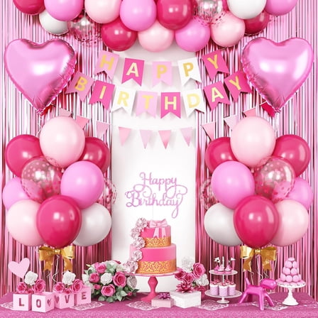 Hot Pink Birthday Decorations for Girls,Happy Birthday Banner Party Decoration Fringe Curtain Heart Foil Balloons for Women Party Decorations