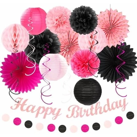 Hot-Pink Black Girls-Women Birthday Party-Decorations - 21pcs Baby Happy Banner, Paper Streamers Lanterns,Tissue Pom Poms Fan,Backdrop Decor