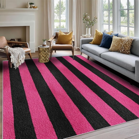 Hot Pink Black Striped Area Rugs, Modern Abstract Carpet, Washable Non Slip Low Pile Soft Rug for Living Room Bedroom Decor Mat 3ftx5ft