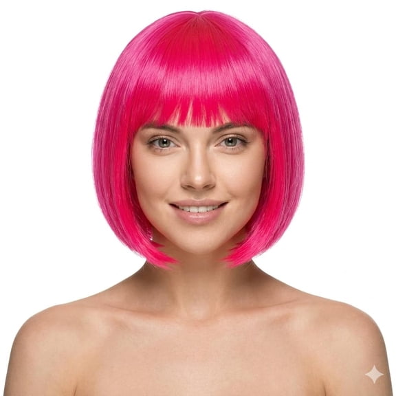 Hot Pink Bob Wig with Bangs for Women - 12 Short Colorful Synthetic Wig with Wig Caps, Glueless Neon Pink Costume Hair Wig for Bachelorette Party, Halloween, Cosplay & Rave