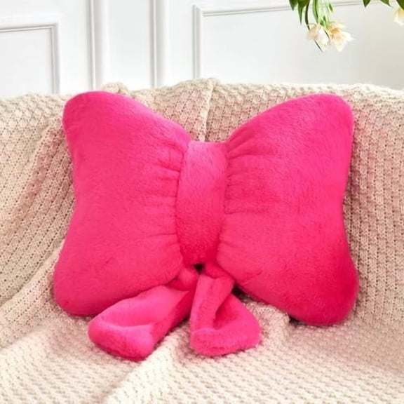 Hot Pink Bow Pillow, Soft Bow Decorative Pillows with Faux Rabbit Fur, Cute 16" Bow Throw Pillows, Aesthetic Home Decor Bow Shaped Plush Pillow for Bedroom Sofa Couch