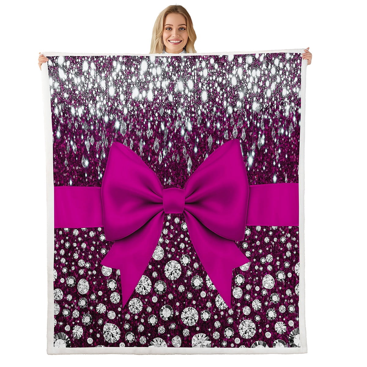 Pink Bow Fuzzy Flannel Throw Blanket, 70x60 Inches - Coquette Aesthetic Blanket For Bed, Sofa, Gift