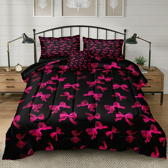 Hot Pink Bowknot Comforter Set Queen 4 Pcs Bow Tie Princess Bedding Black Bed Duvet Quilt