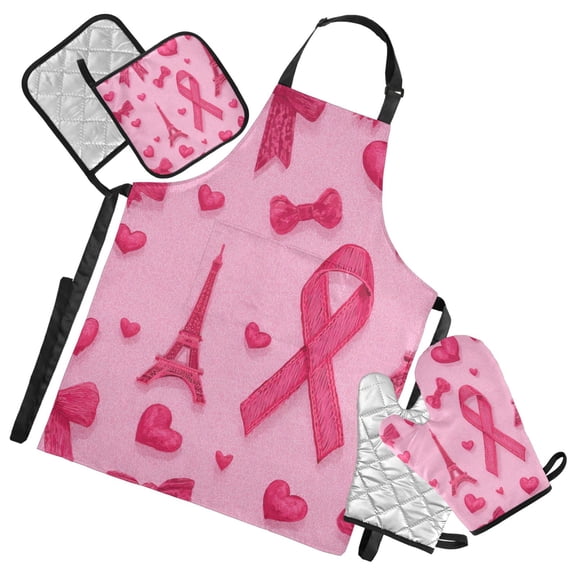 Hot Pink Bows Hearts Effiel Tower Valentine Apron Set with Oven Mitts Pot Holders Set of 5 Kitchen Stuff Accessories