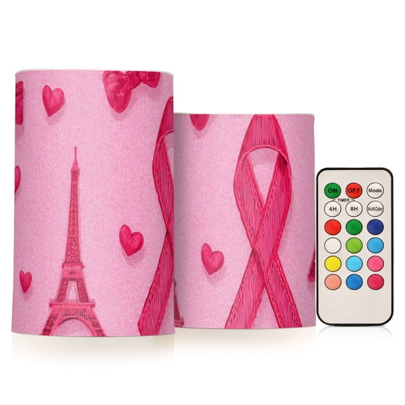 Hot Pink Bows Hearts Effiel Tower Valentine Flickering Flameless Candles LED Tealight Battery Operated with Remote Set of 2 Holiday Decor Ornaments