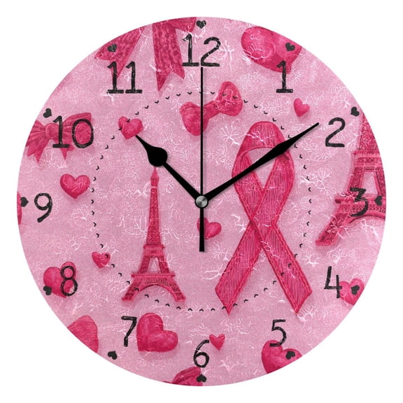Hot Pink Bows Hearts Effiel Tower Valentine Round Wall Clock Silent Analog Battery Operated Black Pointer Home Decor 9.84" Diameter