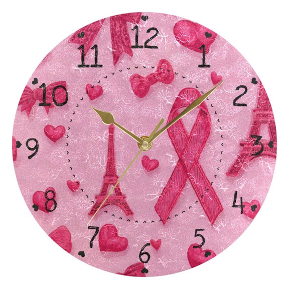 Hot Pink Bows Hearts Effiel Tower Valentine Round Wall Clock Silent Analog Battery Operated Gold Pointer Home Decor 9.84" Diameter