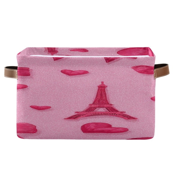 Hot Pink Bows Hearts Effiel Tower Valentine Square Storage Bins with Handles Collapsible Containing Box 1 Pack