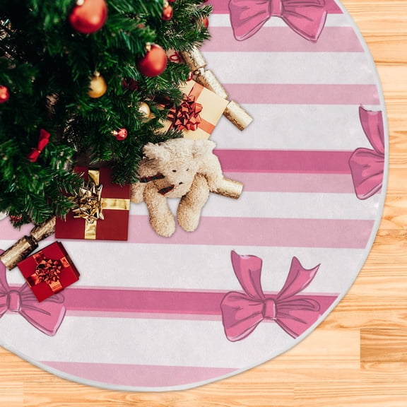 Hot Pink Bows Horizontal Stripes Christmas Tree Skirt Opening Design Floor Protection Holiday Decor 47.2" Diameter M