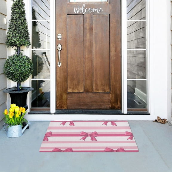 Hot Pink Bows Horizontal Stripes Doormats Welcome Mats Gate Pads Entryway Outdoor 32" x 20"