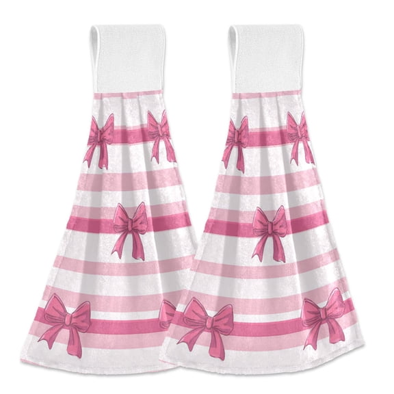 Hot Pink Bows Horizontal Stripes Hanging Towels with Loop Hand Towels Nylon Fastener Tape Design Dish Cloths 2 Pieces