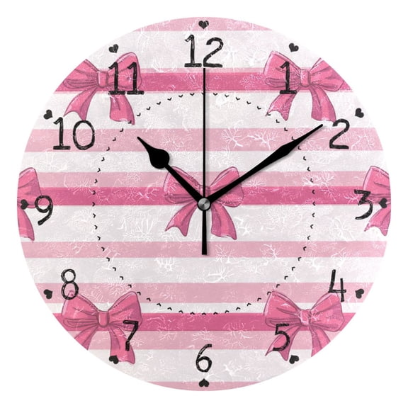 Hot Pink Bows Horizontal Stripes Round Wall Clock Silent Analog Battery Operated Black Pointer Home Decor 9.84" Diameter