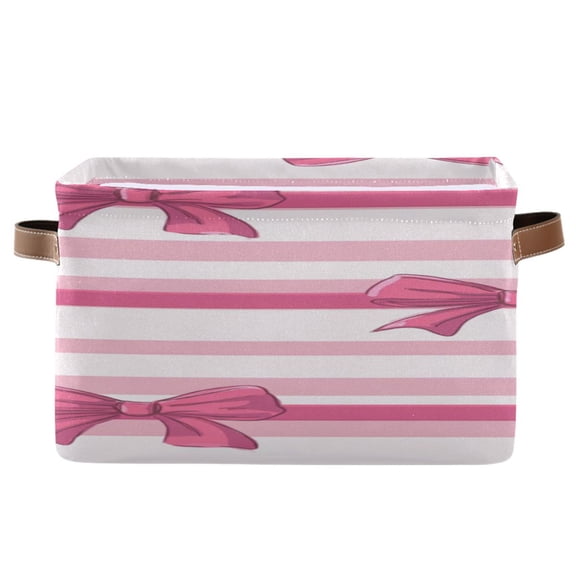 Hot Pink Bows Horizontal Stripes Square Storage Bins with Handles Collapsible Containing Box 1 Pack