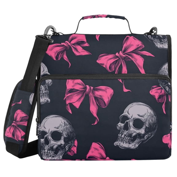 Hot Pink Bows with Skulls Binder Bag with Shoulder Strap 3 Ring Zipper Binder File Folder Document Storage