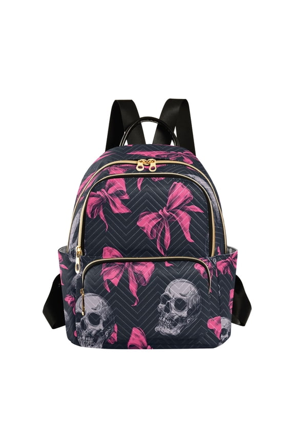 Hot Pink Bows with Skulls Quilted Backpack Fashion Daypack Commuter Bag for Women 8.5 L