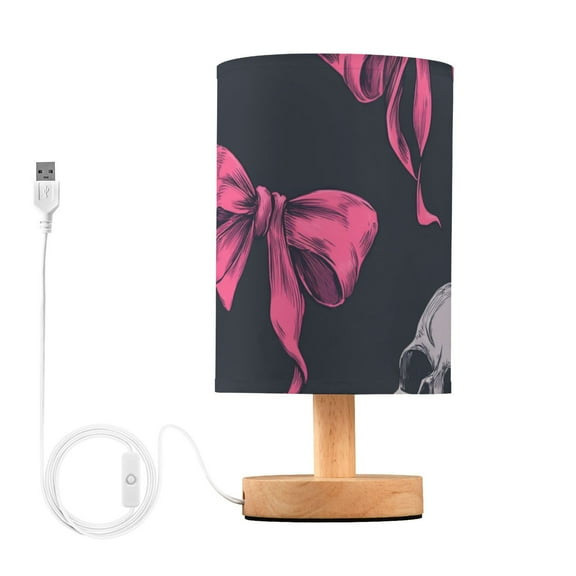 Hot Pink Bows with Skulls Table Lamp with USB Port LED Warm Light Lamp Night Light Home Decor