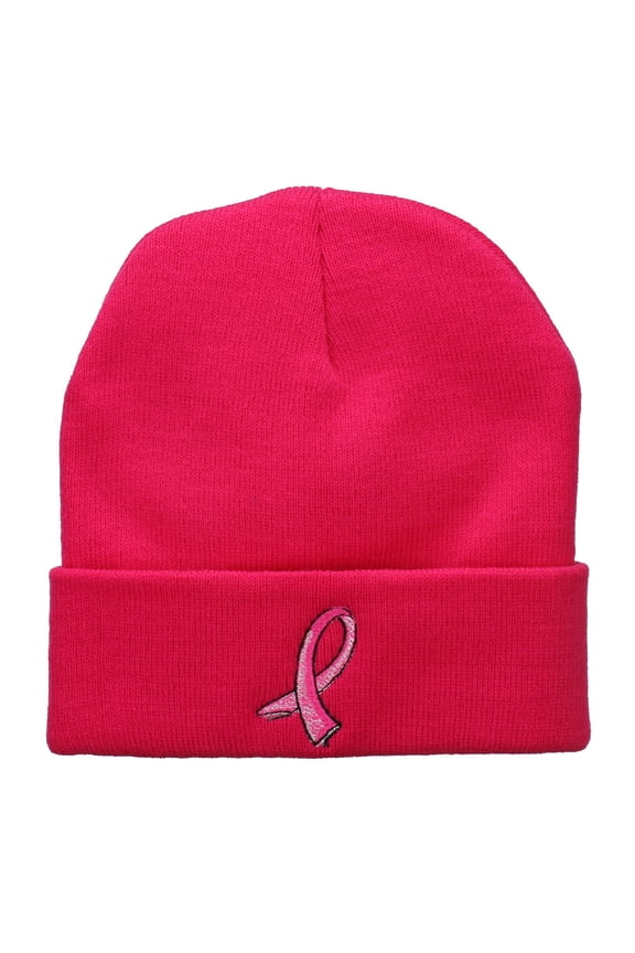 Hot Pink Breast Cancer Logo Embroidered Long Beanie - Hot Pink OSFM