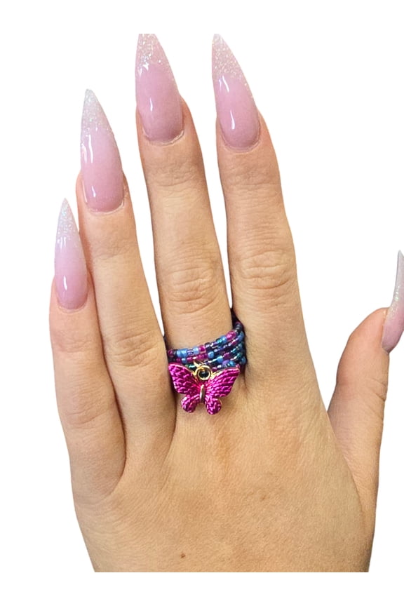 Hot Pink Butterfly Charm Ring | Beaded Ring | Floral Jewelry