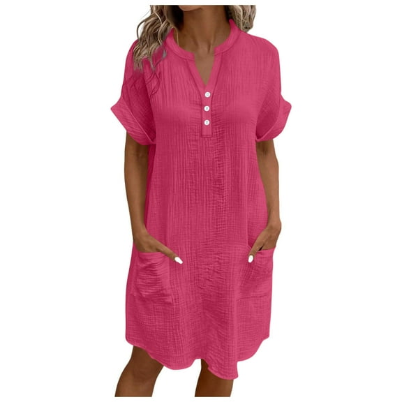 Hot Pink Button for Teen Girls Summer Fall Short Sleeve V Neck Midi Knee High Plain Dress Womens 2025 Clothes XXL