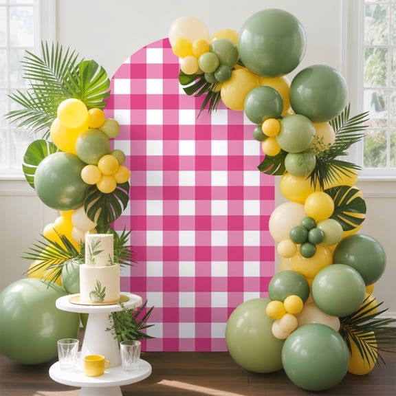 Hot Pink Checks Arch Backdrop Cover, 4FT, Gingham Plaid Abstract Modern Minimalist Spandex Arch Covers Double-Sided Backdrop for Wedding Birthday Party Photo Background Decoration